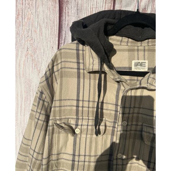 American Eagle Men’s Hooded Plaid Flannel Thick Shirt 90's Fall Holiday Beige XL - Picture 4 of 9